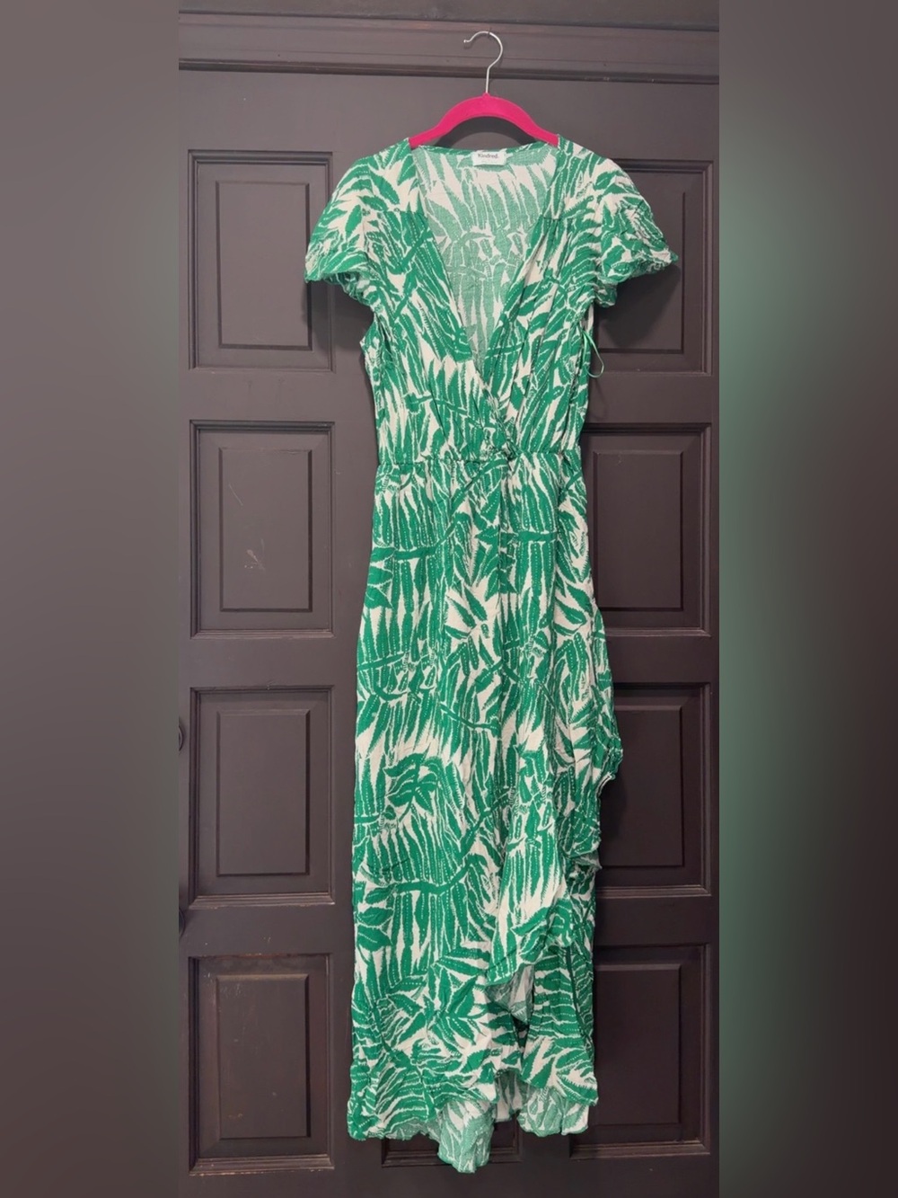 Tropical Green Print Wrap-Style Midi Dress